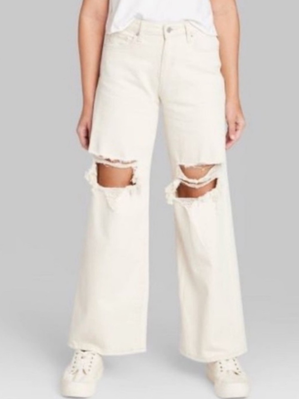 WILD FABLE cream high rise baggy stretch denim jeans Distressed Knees size 8